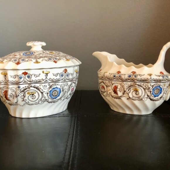 Sugar Bowl With Lid And Creamer Florence Pattern By Spode Used - Picture 1 of 10
